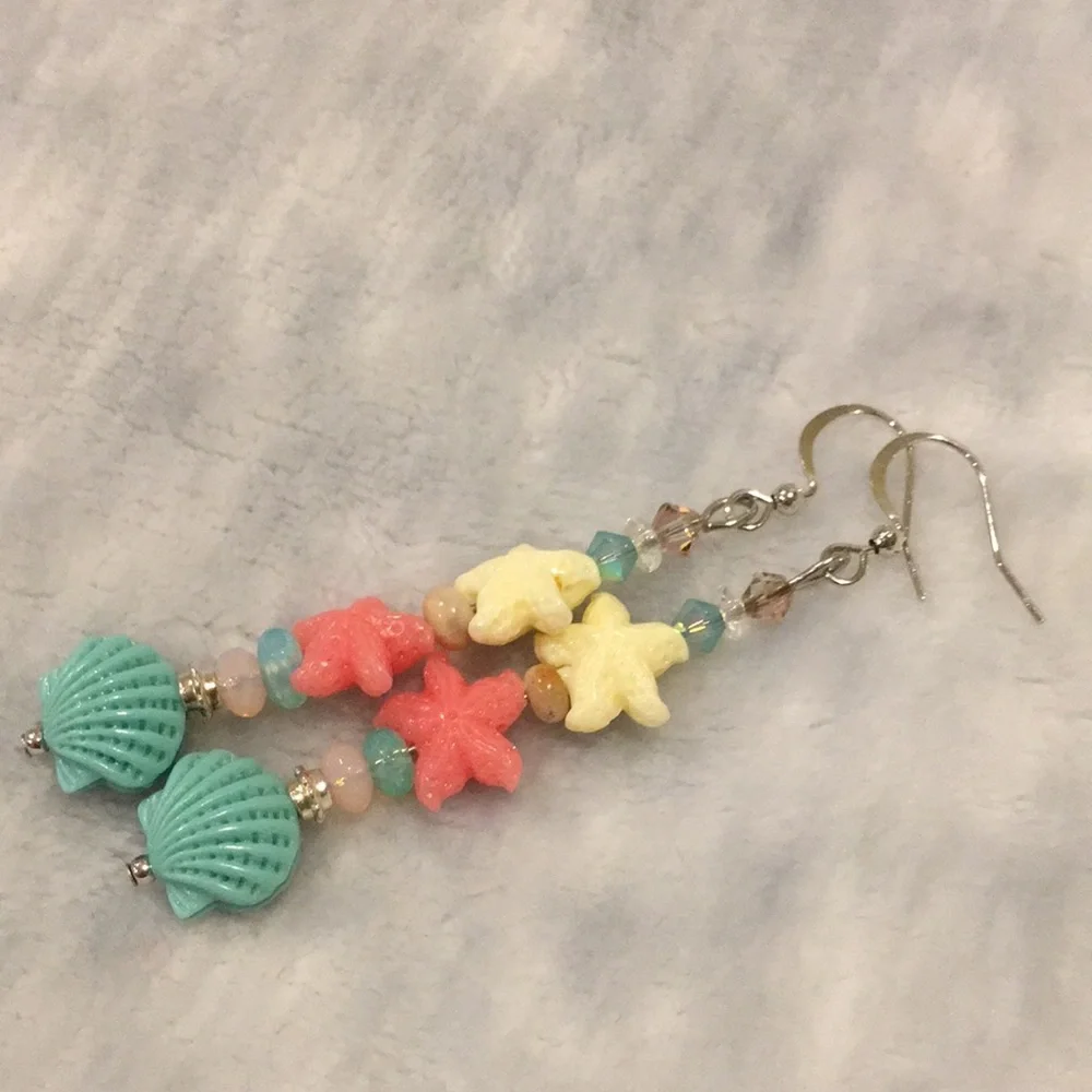 Handcrafted Starfish and Shell Beach Dangle Earrings Swarovski Crystal NWT - Picture 8 of 8